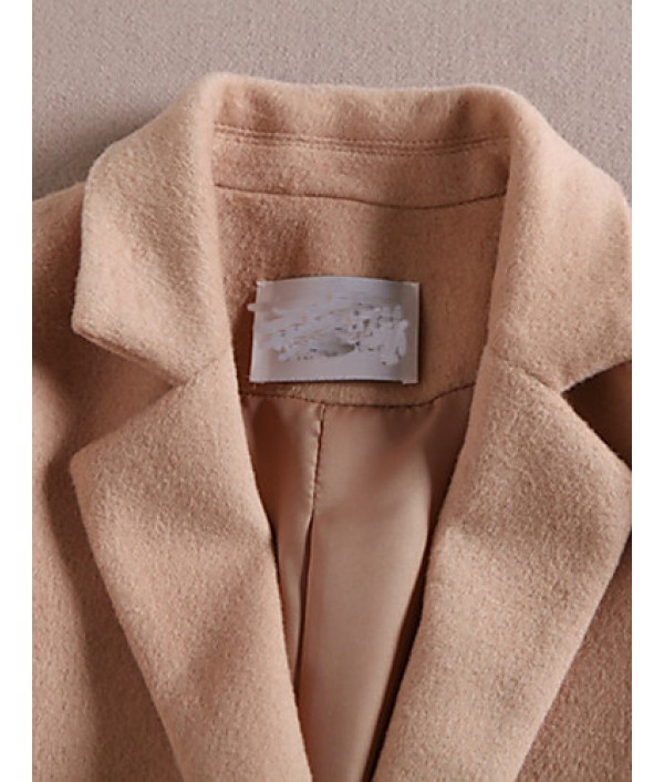 Boutique S Formal / Work Simple CoatSolid Peaked Lapel Long Sleeve Winter Beige Wool / Spandex Medium