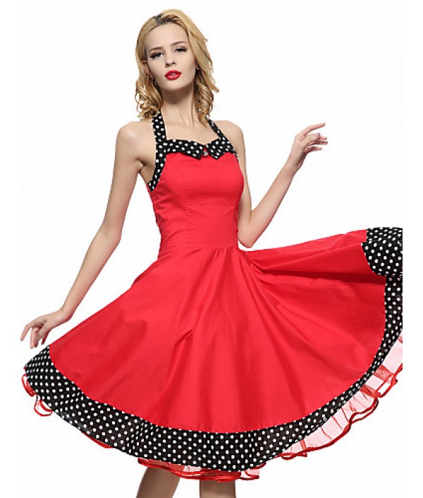 Women's Red/Black Vintage Polka Dots Midi Swing Dress, Full Circle Halter