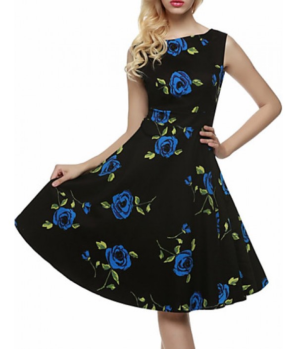 Women's Vintage / Simple / Street chic Floral Swing Dress,Round Neck Knee-length Cotton / Polyester