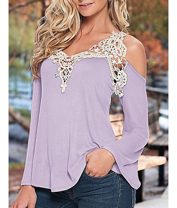 Women's Patchwork Lace Strap Off-The-Shoulder All Match Loose Casual V Neck Long Sleeve Plus Size T-shirt