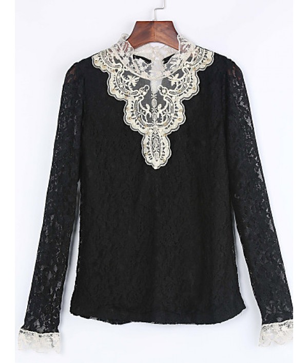 Women's Lace Crochet Black/Beige Blouse, Vintage Stand Collar Long Sleeve