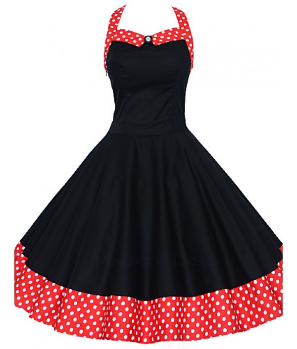 Women's Red/Black Vintage Polka Dots Midi Swing Dress, Full Circle Halter