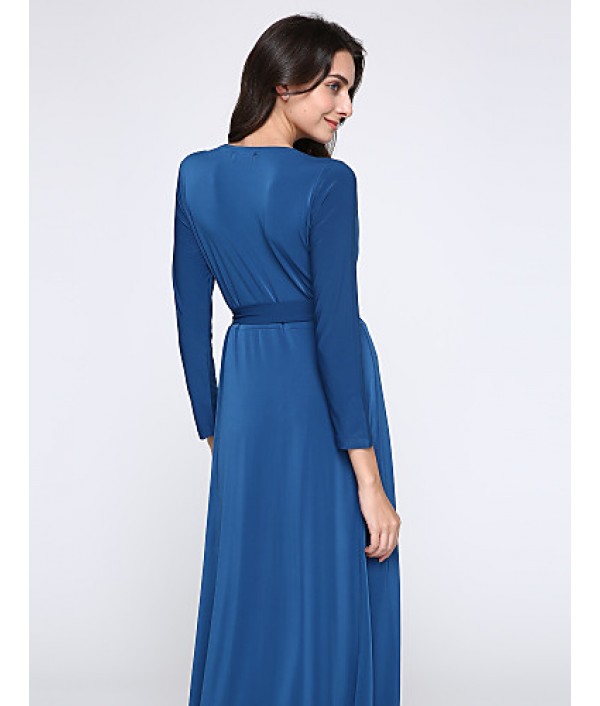 Women's Party/Cocktail Plus Size Plus Size Dress,Solid V Neck Midi Long Sleeve Blue Spandex Fall