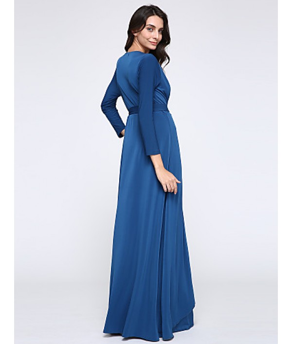 Women's Party/Cocktail Plus Size Plus Size Dress,Solid V Neck Midi Long Sleeve Blue Spandex Fall