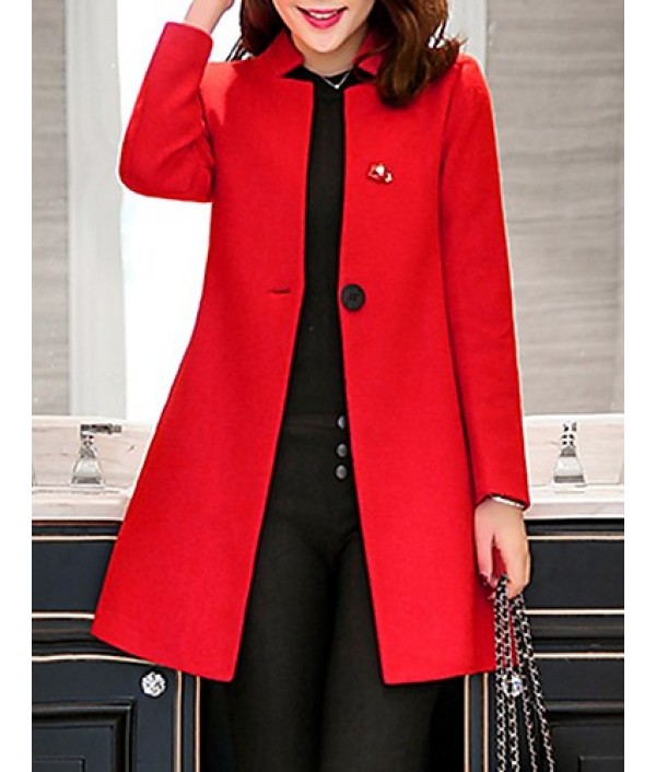 Women's Casual/Daily Simple Coat,Solid Notch Lapel Long Sleeve Spring Pink / Red / Green / Purple Wool Medium