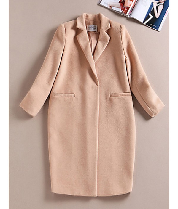 Boutique S Formal / Work Simple CoatSolid Peaked Lapel Long Sleeve Winter Beige Wool / Spandex Medium