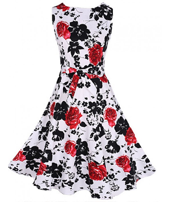 Women's Vintage Print Party Dress (Polyester)