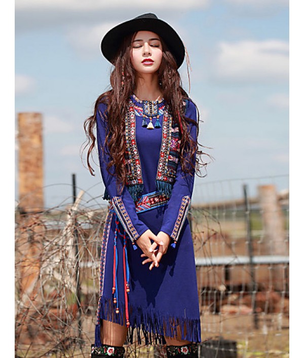 Our StoryGoing out Vintage Sheath DressPaisley Round Neck Midi Long Sleeve Blue Polyester / Spandex Spring