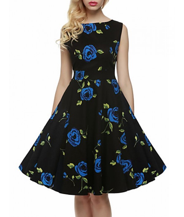 Women's Vintage / Simple / Street chic Floral Swing Dress,Round Neck Knee-length Cotton / Polyester