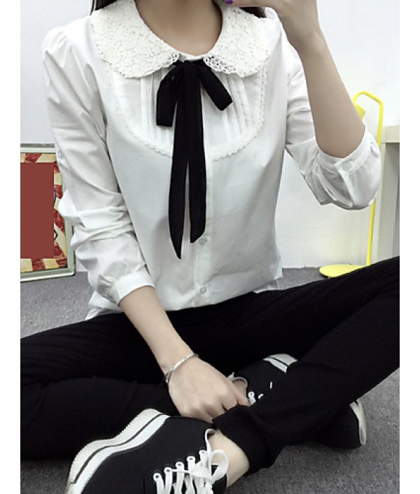 Women's Solid / Lace White Loose Cute Long Blouse Shirt , Peter Pan Collar Long Sleeve