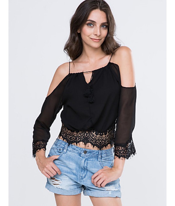 Women's Beach/Casual Lace Hem Long Sleeve Short T-shirt