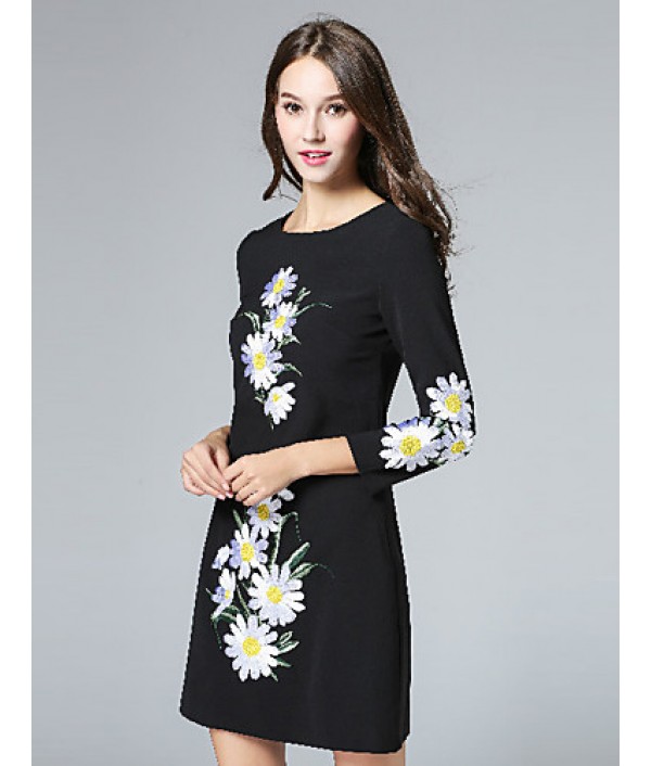 Boutique S Women's Casual/Daily Vintage Shift Dress,Embroidered Round Neck Above Knee Long Sleeve Polyester Fall