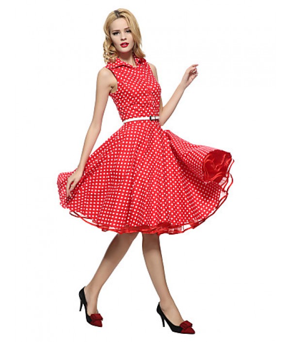 Women's 50s VTG Retro Polka Dots Rockabilly Hepburn Pinup Cos Party Swing Dress 530