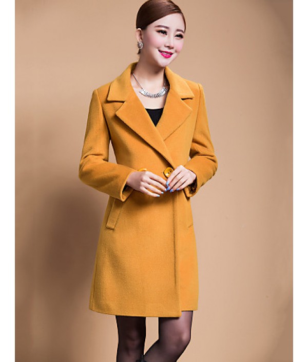 Women's Solid Blue / Black / Yellow Casual Loose Long Woolen Overcoat , Work / Plus Sizes Long Sleeve Wool