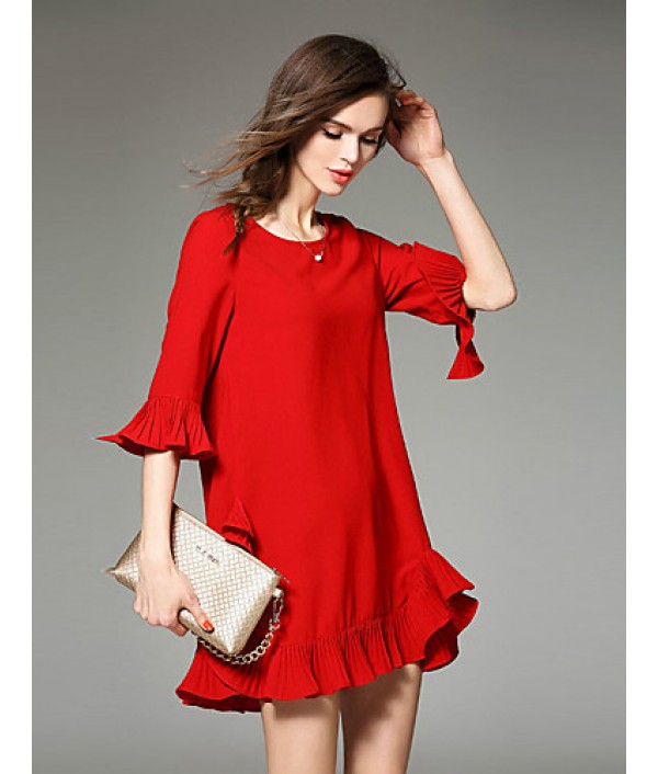  Women‘s Going out Cute Loose Dress,Solid Round Neck Above Knee ? Sleeve Black Cotton Spring