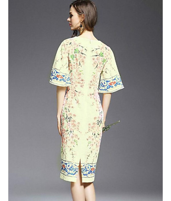 Casual/Daily Simple Sheath Dress,Print Round Neck Knee-length ? Length Sleeve White Others Summer Mid Rise