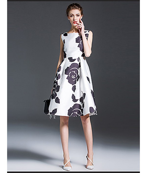 Women's Vintage Floral A Line Dress,Round Neck Knee-length Polyester