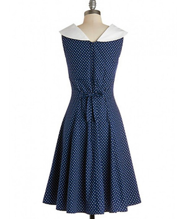 Women's Party/Cocktail Vintage A Line / Skater Dress,Polka Dot V Neck Knee-length Sleeveless Blue Cotton / Polyester Fall High Rise