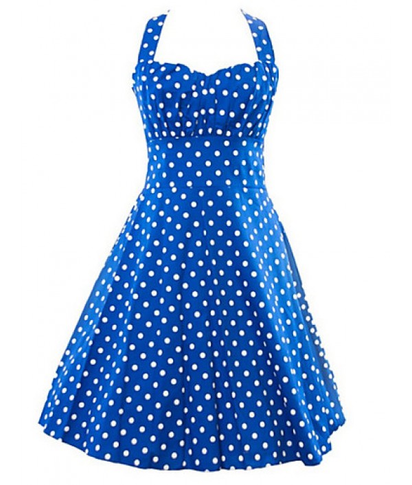 Women's Retro 50s Slim Polka Dot Sleeveless Swing Party Dress