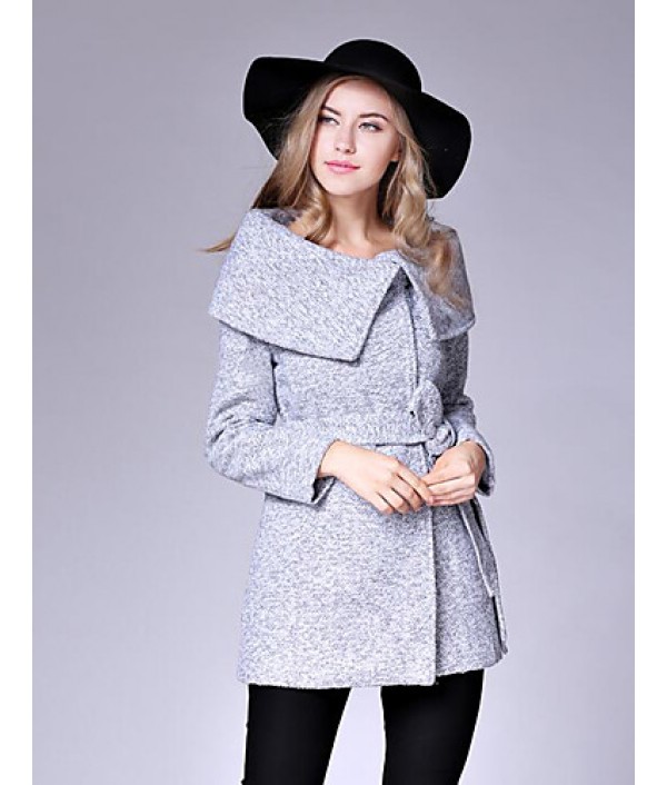 Women's Casual/Daily Street chic CoatSolid Shirt Collar Long Sleeve Fall / Winter Black / Gray Wool Medium