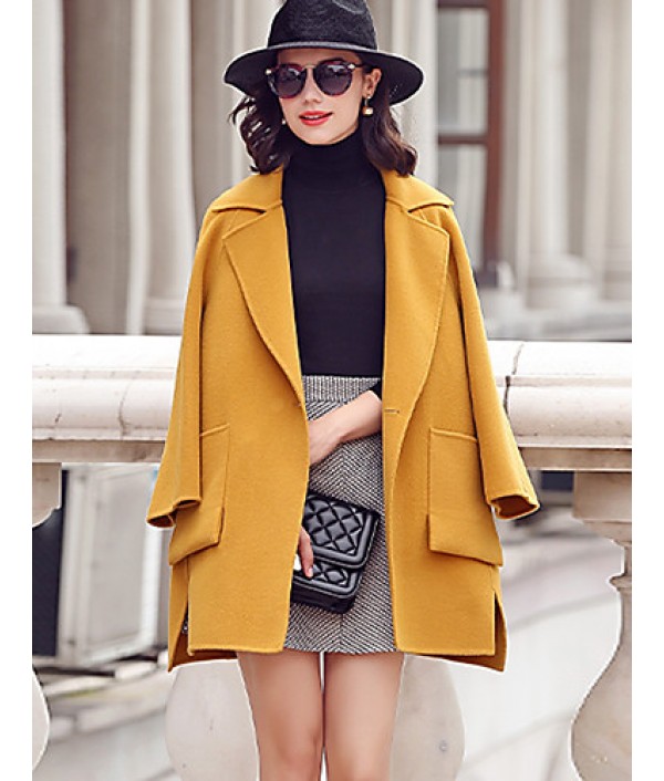 Women's Going out Street chic CoatSolid Notch Lapel Long Sleeve Fall / Winter Blue / Yellow Wool / Polyester Thick