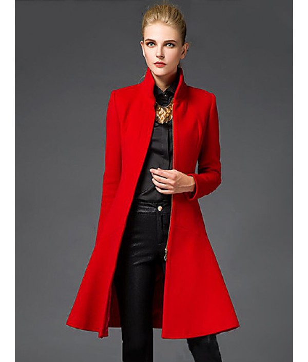 Women's Going out Sophisticated Coat,Solid Stand Long Sleeve Winter Red / Black Wool Medium