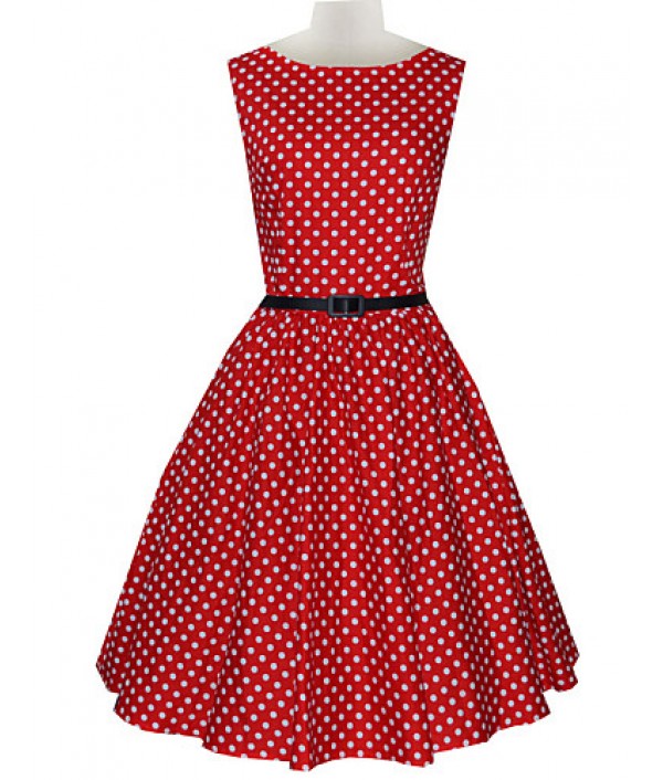 Women's Vintage Slim Polka Dot Printing Sleeveless Dress(With Belt)