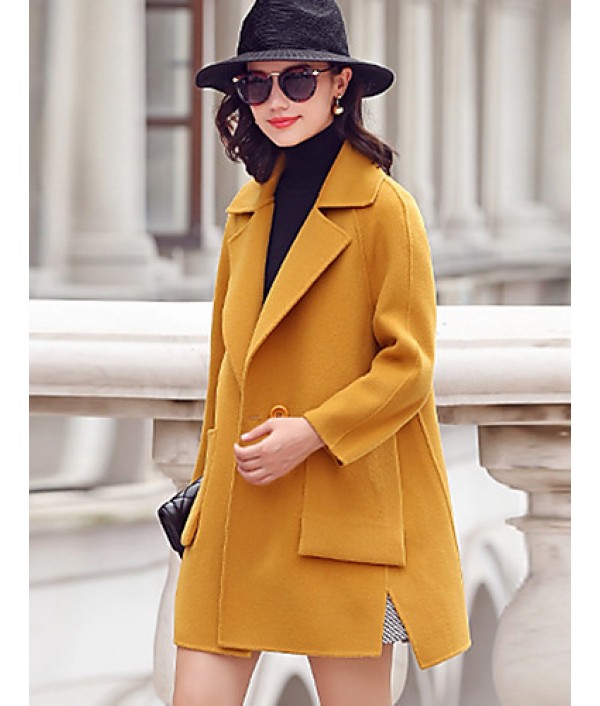 Women's Going out Street chic CoatSolid Notch Lapel Long Sleeve Fall / Winter Blue / Yellow Wool / Polyester Thick