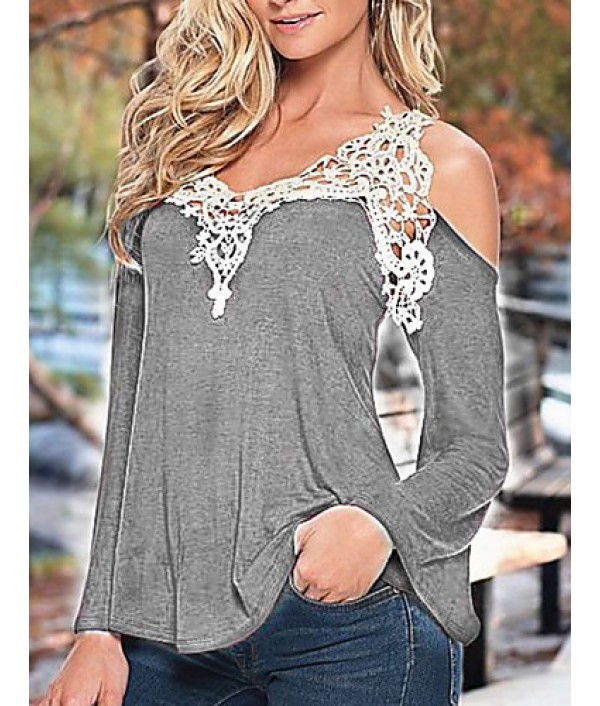 Women's Patchwork Lace Strap Off-The-Shoulder All Match Loose Casual V Neck Long Sleeve Plus Size T-shirt