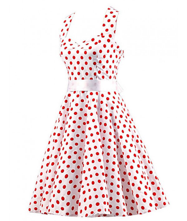 Women's White Red Mini Polka Dot Dress , Vintage Halter 50s Rockabilly Swing Dress