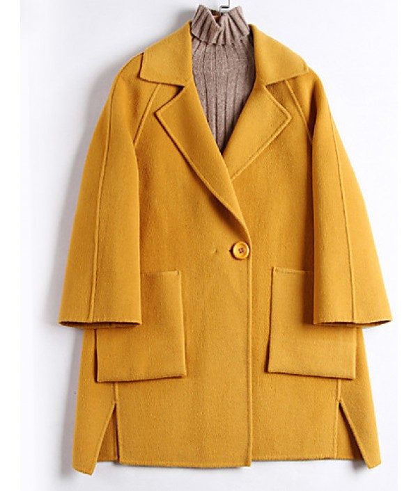 Women's Going out Street chic CoatSolid Notch Lapel Long Sleeve Fall / Winter Blue / Yellow Wool / Polyester Thick