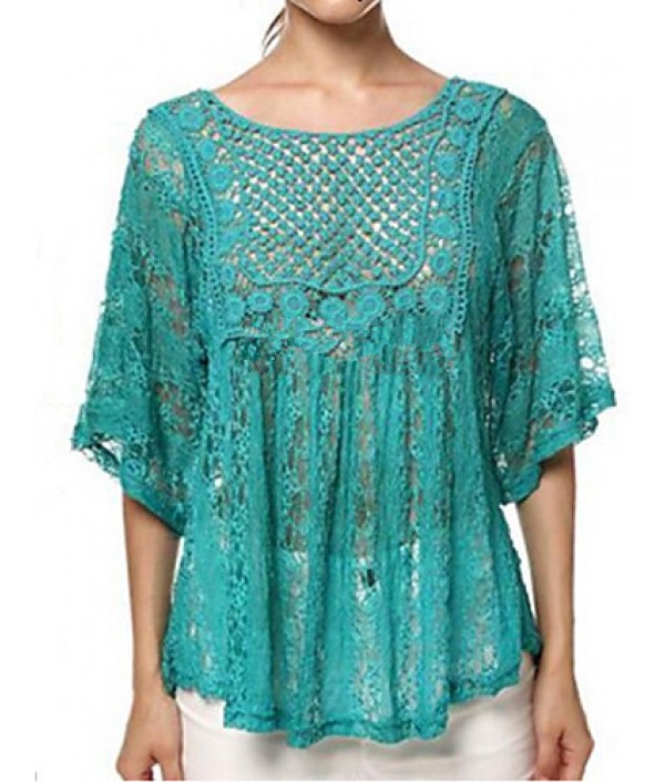 Plus Size Women's Lace Blue / Red / Brown / Green / Beige Blouse , Round Neck ? Length Sleeve