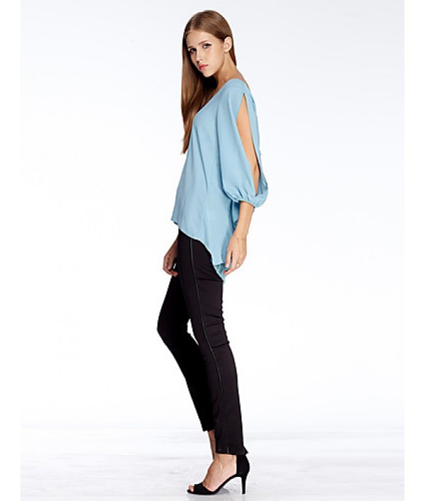 Women‘s Going out Simple Summer Blouse,Solid Round Neck ? Sleeve Blue Polyester Thin