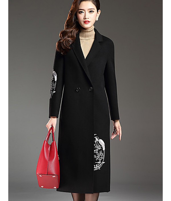 Women's Plus Size Street chic CoatPrint Notch Lapel Long Sleeve Fall / Winter Red / Black / Gray Wool / Polyester Thick