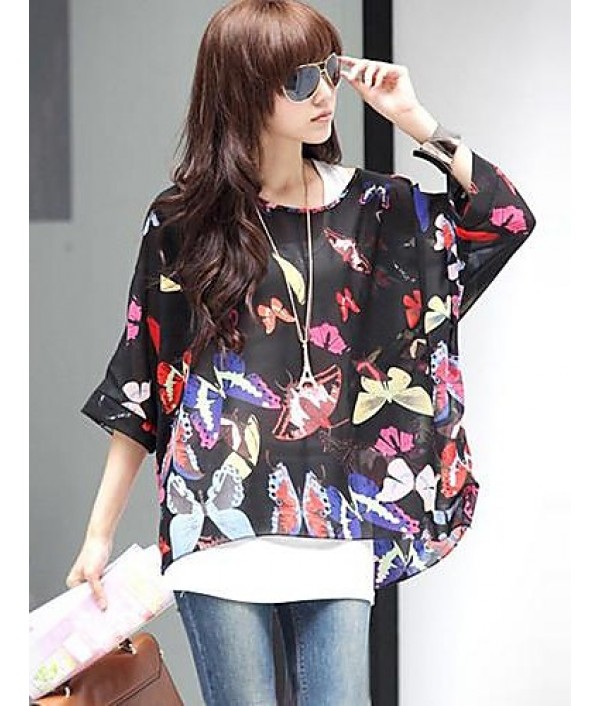 Women's Slack Neck Batwing Sleeve Printed Loose-Fitting Blouse