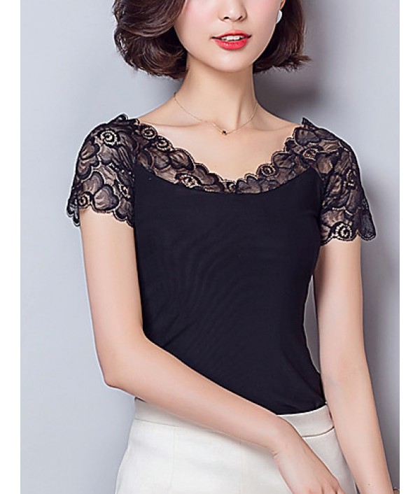 Women's Patchwork Black Blouse,Sexy/Plus Size Lace Mesh Embroidery Elegant V Neck Short Sleeve