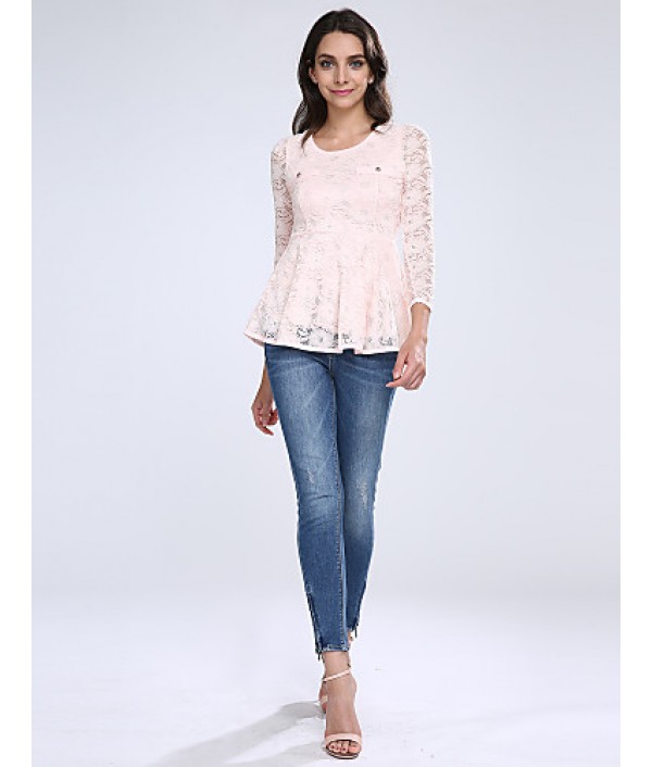 Women's Lace Pink/White/Black Blouse, U Neck Long Sleeve with Peplum