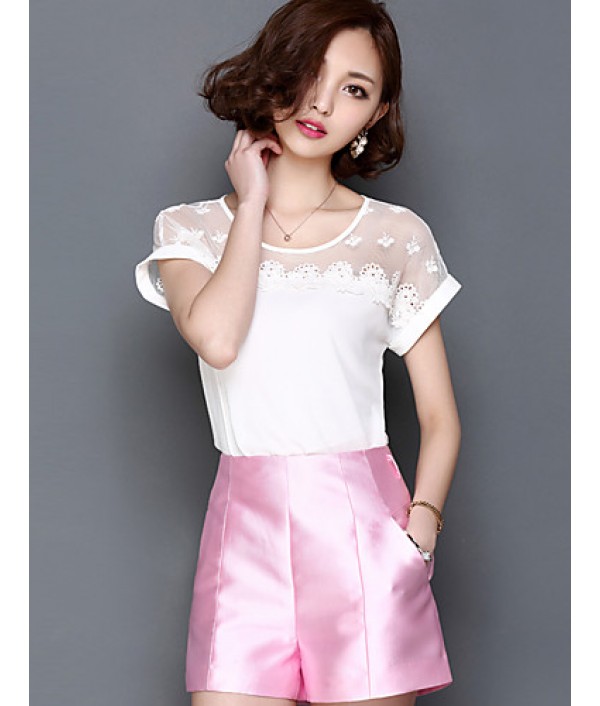 2016 Summer New Women Stitching Lace Short-Sleeved Chiffon Blouse