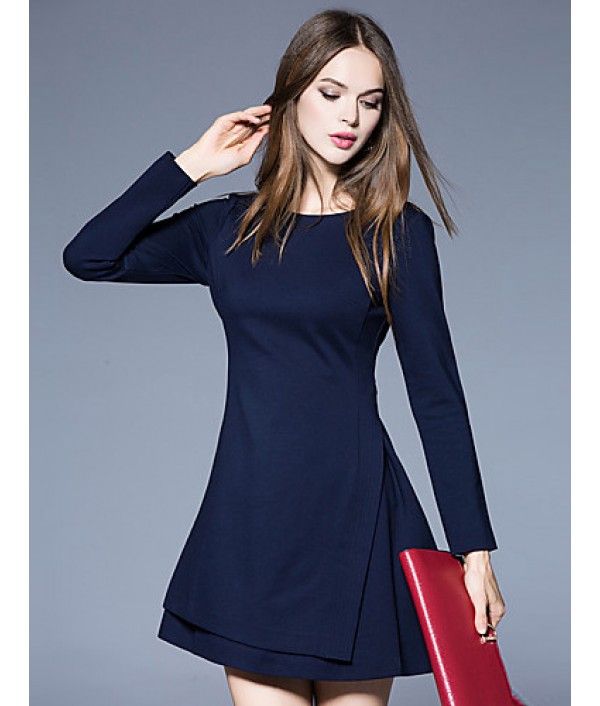 Boutique S Women's Formal Simple Sheath DressSolid Round Neck Above Knee Long Sleeve Blue Cotton / Polyester Spring