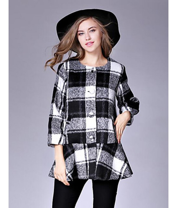 Women's Casual/Daily Street chic CoatPlaid Round Neck Long Sleeve Fall / Winter Red / Black / Green Wool Medium