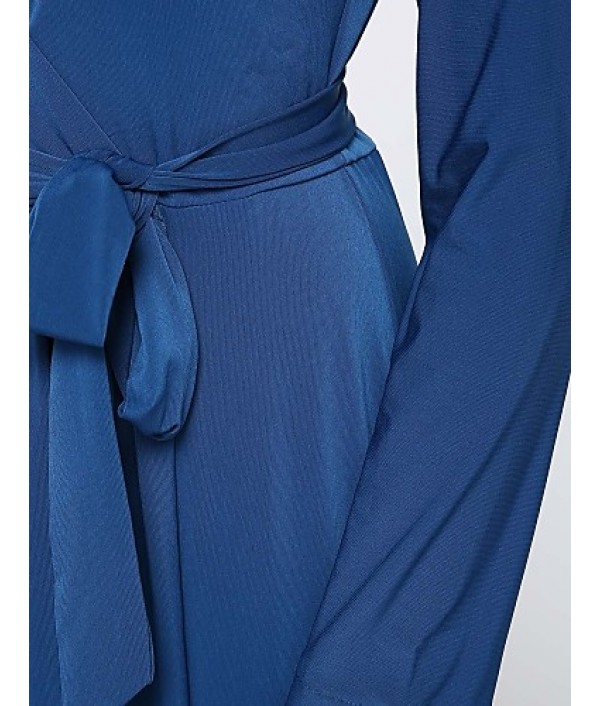 Women's Party/Cocktail Plus Size Plus Size Dress,Solid V Neck Midi Long Sleeve Blue Spandex Fall