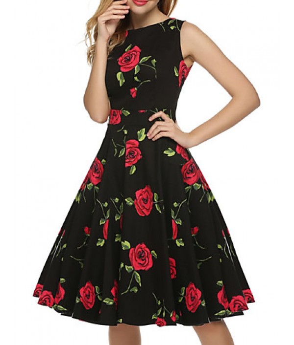 Women's Vintage / Simple / Street chic Floral Swing Dress,Round Neck Knee-length Cotton / Polyester