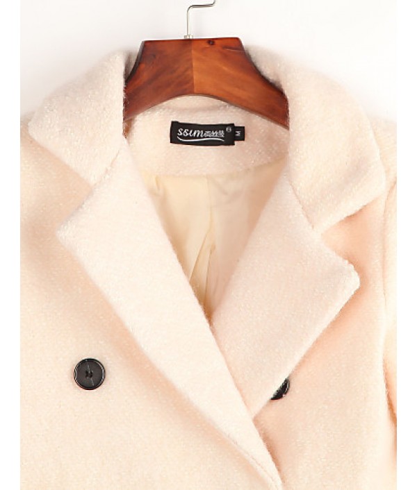 Women's Casual/Daily Simple Coat,Solid Notch Lapel Long Sleeve Fall Beige Wool Medium