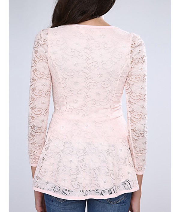 Women's Lace Pink/White/Black Blouse, U Neck Long Sleeve with Peplum