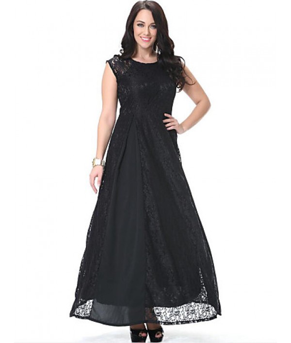 Women‘s Beach Plus Size / Lace Dress,Solid Round Neck Maxi Sleeveless Black Polyester Spring