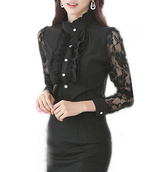 Women's Patchwork Lace Chiffion Pleated OL Style Slim Large Size Shirt,Shirt Collar Long Sleeve