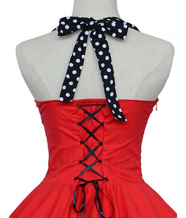 Women's Red/Black Vintage Polka Dots Midi Swing Dress, Full Circle Halter