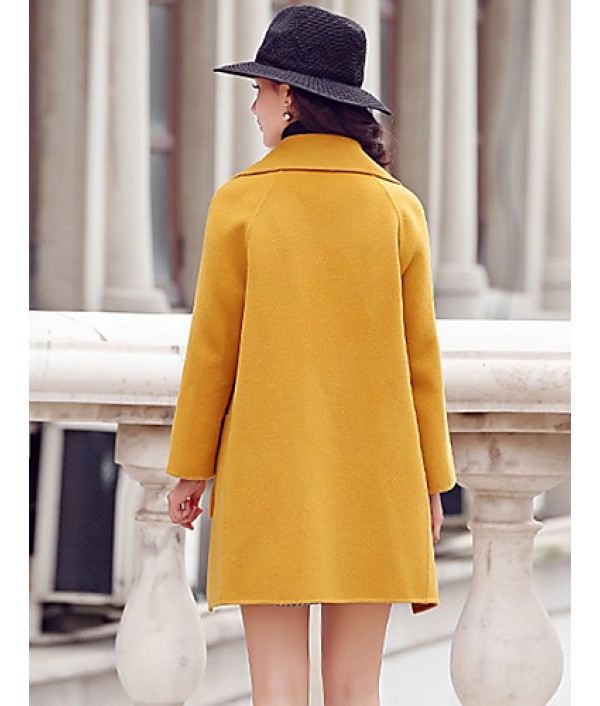 Women's Going out Street chic CoatSolid Notch Lapel Long Sleeve Fall / Winter Blue / Yellow Wool / Polyester Thick