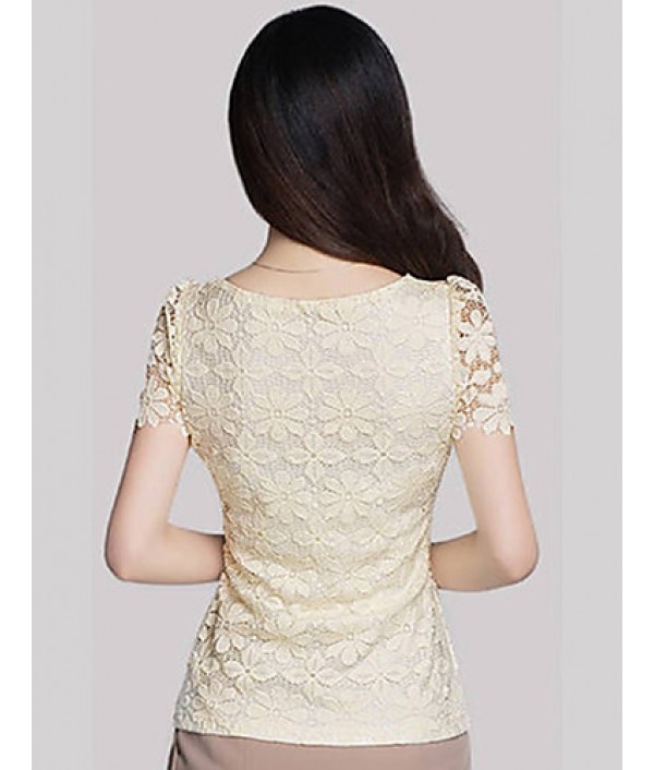 Summer Plus Size Women Solid Color Round Neck Short Sleeve Lace Blouse Slim Was Thin T-shirt Tops