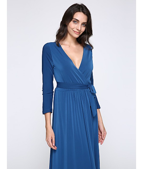 Women's Party/Cocktail Plus Size Plus Size Dress,Solid V Neck Midi Long Sleeve Blue Spandex Fall